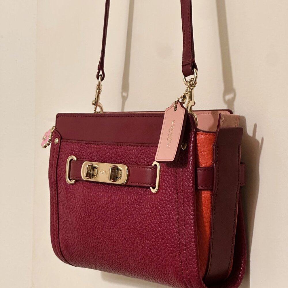 Leather COACH SWAGGER COLORBLOCK Convertible Crossbody Cherry $275 MRSP - Picture 5 of 16